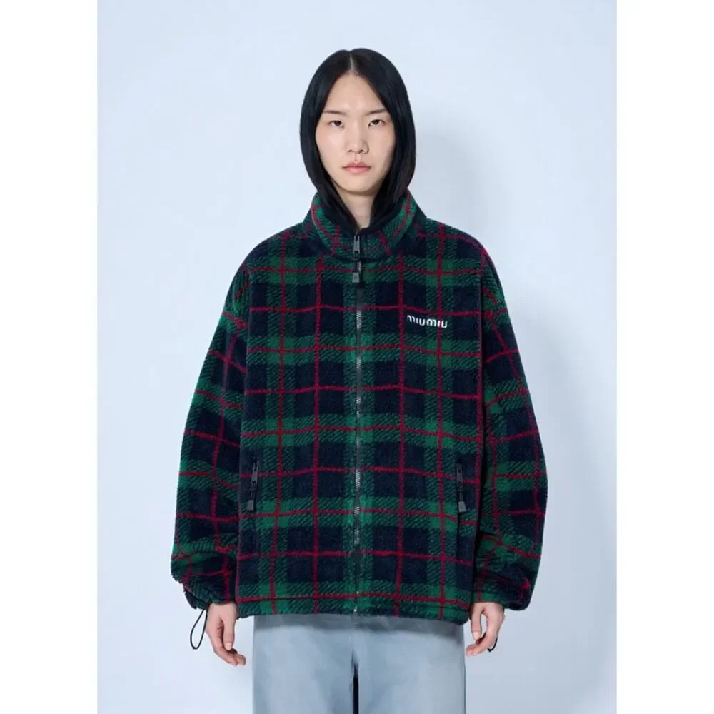 Miu Miu Women Checked Teddy Zipper Jacket - Picture 1 of 6